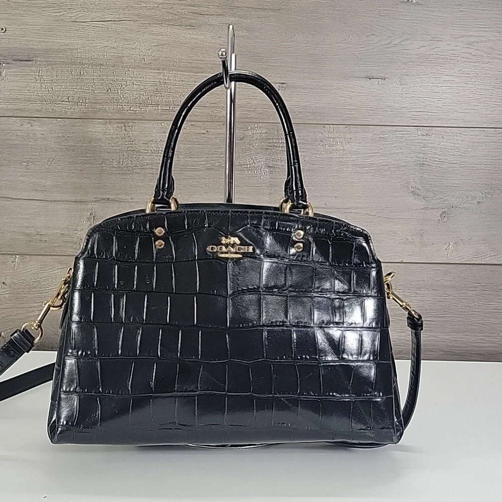 Coach Lille Carryall Black Croc-Embossed Leather Satchel Crossbody Bag CC841